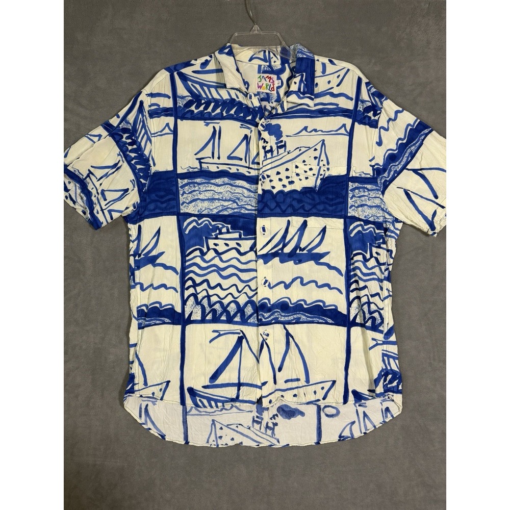 Jam's World Men's Short Sleeve Camp Shirt Large Hawaiian Nautical Sailboat Vtg